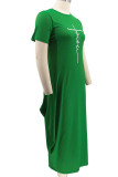 Green Casual Print Patchwork Asymmetrical O Neck Short Sleeve Dress Plus Size Dresses