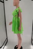 Verde Doce Bandagem Sólida Patchwork Sem Costas Dobra Vestidos Decote em V Vestidos Linha A