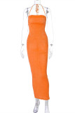 Оранжевое сексуальное сплошное бинтовое длинное платье с открытой спиной на тонких бретельках Платья