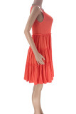 Orange Red Casual Solid Patchwork Fold O Neck A Line Dresses