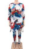 Multi-color Casual Print Camouflage Print Bandage Patchwork Asymmetrical O Neck Plus Size Two Pieces