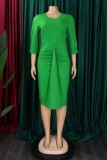 Vestidos de falda de lápiz con cuello en O y pliegues de patchwork sólido casual verde
