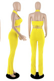 Yellow Sexy Solid Patchwork Halter Sleeveless Two Pieces