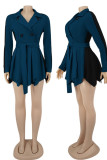 ブルー カジュアル ソリッド パッチワーク ベルト付き ターンバック カラー ストレート ドレス