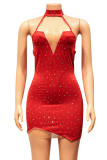 Red Sexy Patchwork Hot Drilling Hollowed Out Backless Halter Sleeveless Dress Dresses