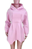 Pink Casual Solid Patchwork Asymmetrical Hooded Collar Long Sleeve Dresses