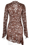 Brown Sexy Solid Lace See-through V Neck Asymmetrical Dresses(Without Belt)