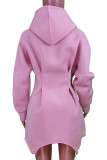 ピンク カジュアル ソリッド パッチワーク 非対称 フード付き カラー ロング スリーブ ドレス