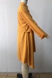 Robes de robe de chemise à col rabattu asymétrique à boucle patchwork solide décontractée jaune
