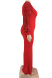 Robes rouges élégantes en Patchwork uni, paillettes, col rond, manches longues, grande taille