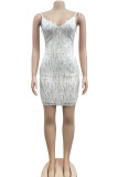 Silver Sexy Solid Tassel Sequins Patchwork Spaghetti Strap Sling Dress Dresses