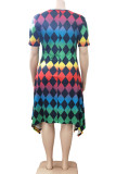 Colour Casual Print Patchwork Asymmetrical O Neck A Line Plus Size Dresses