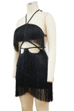 Black Fashion Sexy Solid Tassel Hollowed Out Backless Halter Strapless Dress