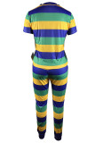 Yellow Blue Casual Striped Print Patchwork O Neck Short Sleeve Two Pieces
