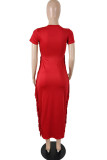Red Casual Solid Tassel Patchwork O Neck One Step Skirt Dresses