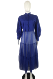 Verberg blauwe casual patchwork effen mesh zonder riem mandarijn kraag onregelmatige jurk plus size jurken