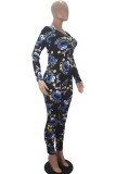 blauw en geel Fashion Adult Living Print Skinny Jumpsuits met V-hals