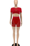 Red Sexy Solid Patchwork See-through O Neck Short Sleeve Two Pieces