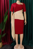Rose rood casual effen bandage patchwork vouw asymmetrische kraag een stap rok jurken