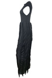 Black Sexy Solid Tassel Patchwork O Neck Straight Dresses