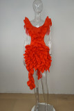 Tangerine Röd Sexig Solid Patchwork Stringy Selvedge V Neck Oregelbunden klänning Klänningar
