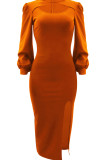 Robes de jupe enveloppante à encolure ronde fendue en patchwork élégantes solides orange