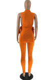 オレンジファッションカジュアルソリッド包帯スリットハーフタートルネックノースリーブツーピース