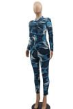 Blue Casual Street Print Camouflage Print Patchwork Buckle Turndown Collar Plus Size Two Pieces