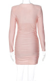 Pink Casual Solid Patchwork Fold V Neck Long Sleeve Dresses