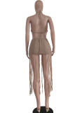 Dark Khaki Sexy Solid Tassel Hollowed Out Patchwork Backless Swimwears Cover Up