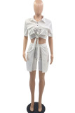 White Casual Solid Patchwork Pocket Buckle Turndown Collar Short Sleeve Two Pieces