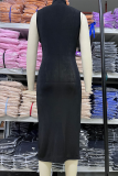 Black Elegant Solid High Opening Fold Turtleneck Wrapped Skirt Dresses