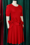 Patchwork tinta unita casual rosso con abiti da cerimonia con scollo a V e fiocco