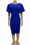 Blue Casual Solid Patchwork O Neck Straight Dresses