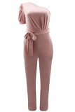 Roze Casual Solid Backless Schuine kraag Normale jumpsuits
