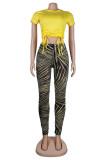 Orange Fashion Casual Print Solid Draw String Frenulum O Neck Short Sleeve Two Pieces Crop Tops And Pants Sets