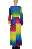 Rainbow Color Casual Elegant Print Patchwork V Neck Straight Dresses