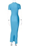 Blau Sexy Solide Grundlegende Half A Rollkragen Kurzarm Kleid Kleider
