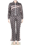 Red-brown Casual Print Patchwork Contrast Turndown Collar Plus Size Two Pieces