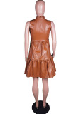 Bruine casual effen patchwork V-hals A-lijn jurken