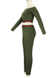 Army Green Casual Sportswear Solid Patchwork Off the Shoulder Långärmad två delar