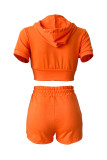 Оранжевый модный повседневный однотонный базовый воротник с капюшоном и коротким рукавом из двух частей