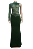 Green Fashion Sexy Patchwork Hot Drilling See-through Turtleneck Evening Dress