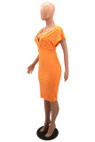 オレンジファッションソリッドビーズVネック半袖ドレス