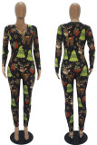 Khaki Casual Print Patchwork Buttons V Neck Skinny Jumpsuits