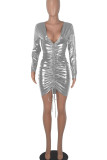 Silver Sexy Solid Patchwork Fold V Neck One Step Skirt Dresses