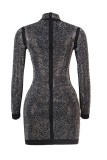 Silver Sexy Patchwork Pearl Hot Drill O Neck Long Sleeve Dresses
