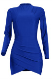 カラー ブルー ファッション セクシー ソリッド フォールド ハーフ A タートルネック ロング スリーブ ドレス
