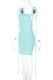 Light Blue Sexy Solid Backless Fold Strap Design Spaghetti Strap Dresses