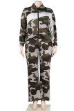 Camouflage Casual Print Patchwork Contrast Turndown Collar Plus Size Two Pieces